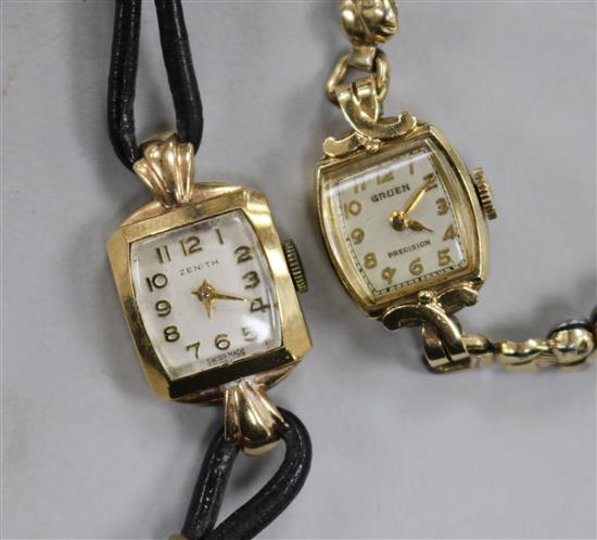 A ladys 14ct gold Gruen watch and a ladys 9ct gold Zenith watch.